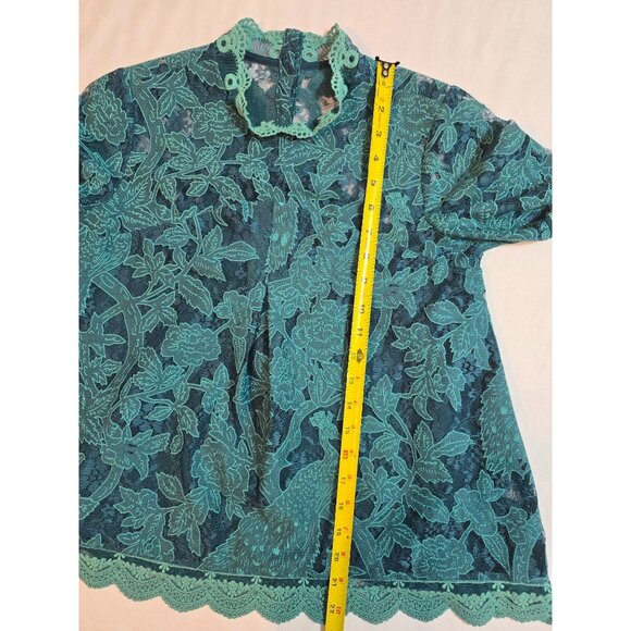 HD In Paris Teal Peacock lace Meadow Short Sleeve Top Scalloped Hem Size 0 - Picture 10 of 13